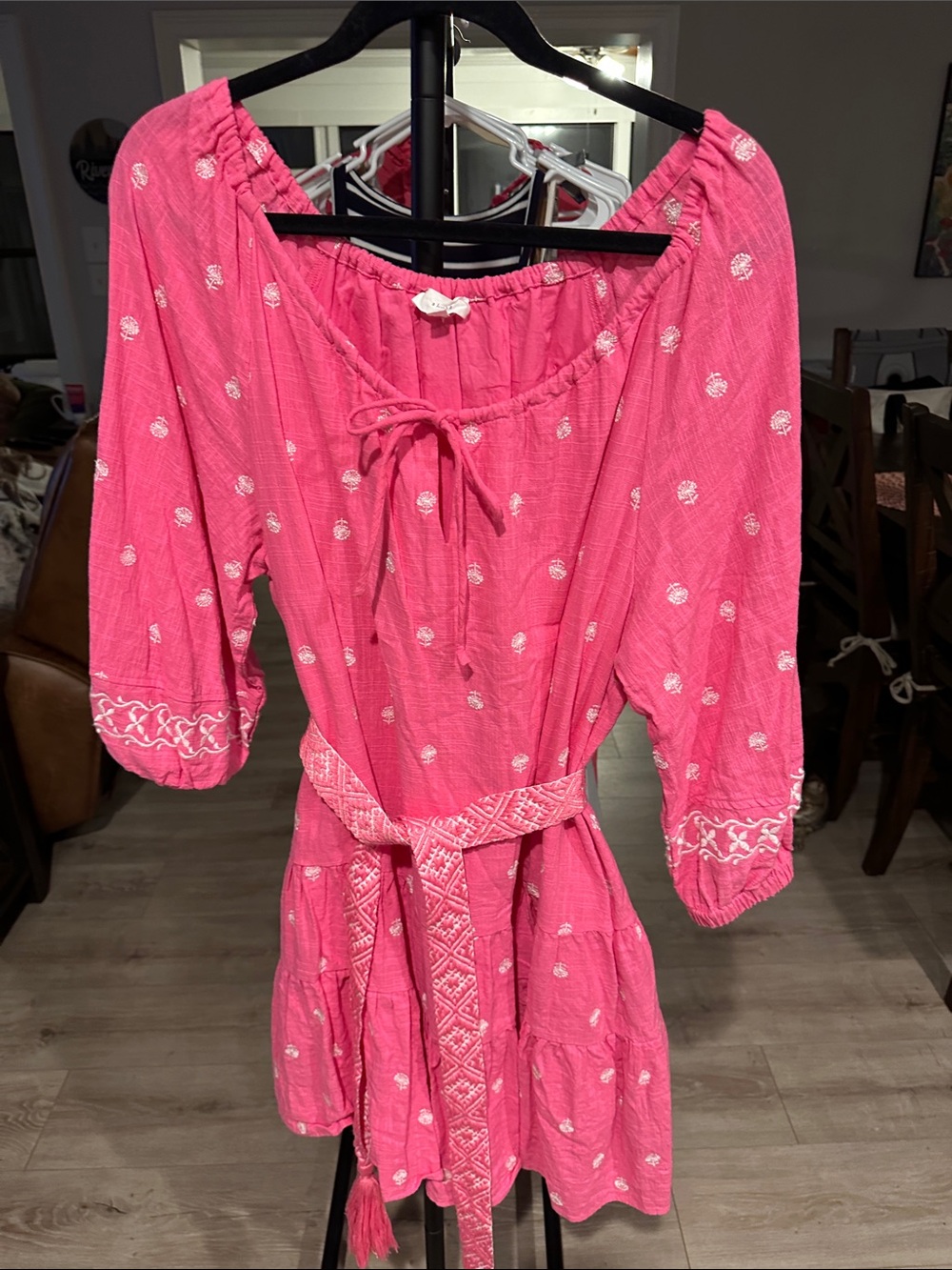 Girls Bright Pink Embroidered Peasant Dress with Waist Tie